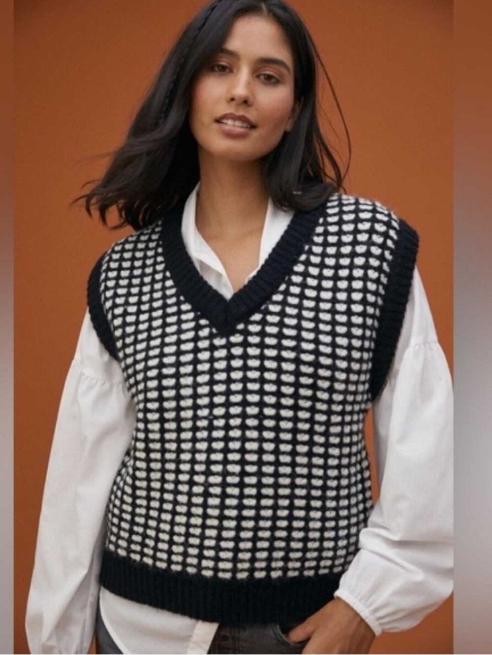NWT Anthropologie Black & White V‑Neck Textured Knit Sweater Vest XS